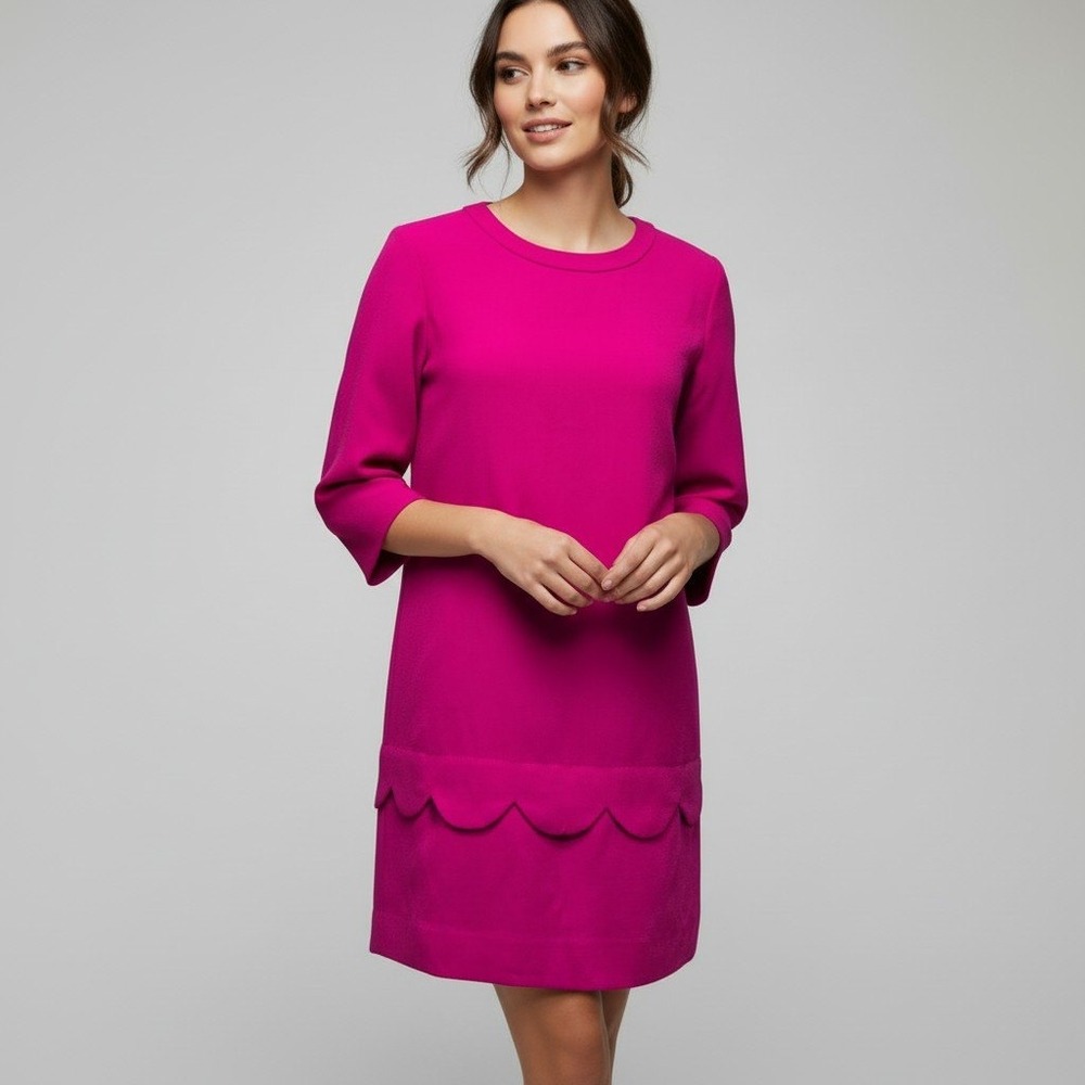 Kate Spade New York Magenta Pink Scalloped Hem Shift Dress Size 00 3/4 Sleeve